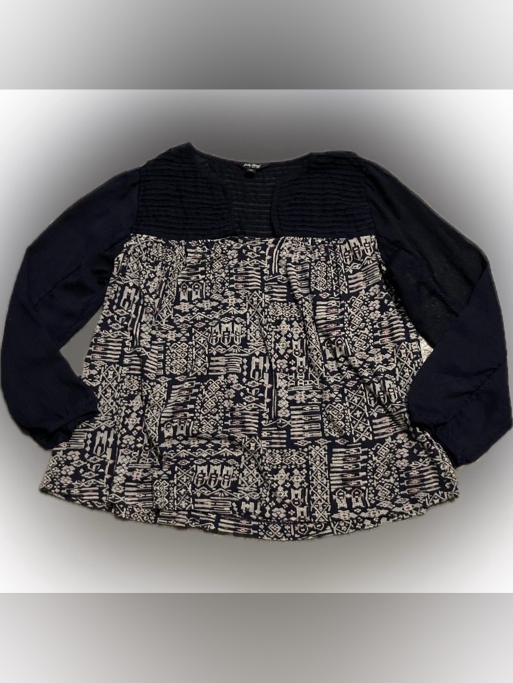 Lucky Brand Navy and Cream Printed Long-Sleeve Boho Blouse Women’s Size XL